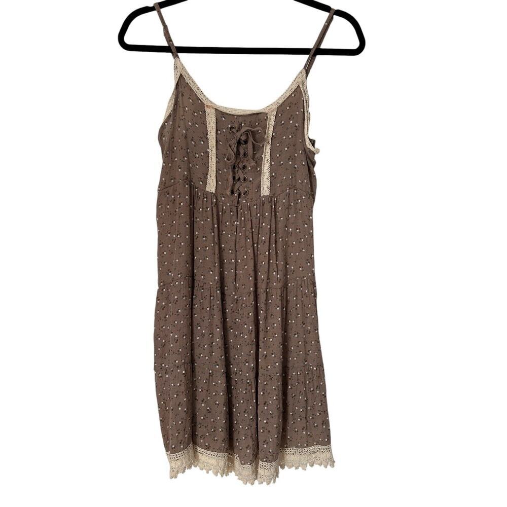 Sacred Threads Dress Size ML Brown Sleeveless Floral Crochet Trim Knee Length